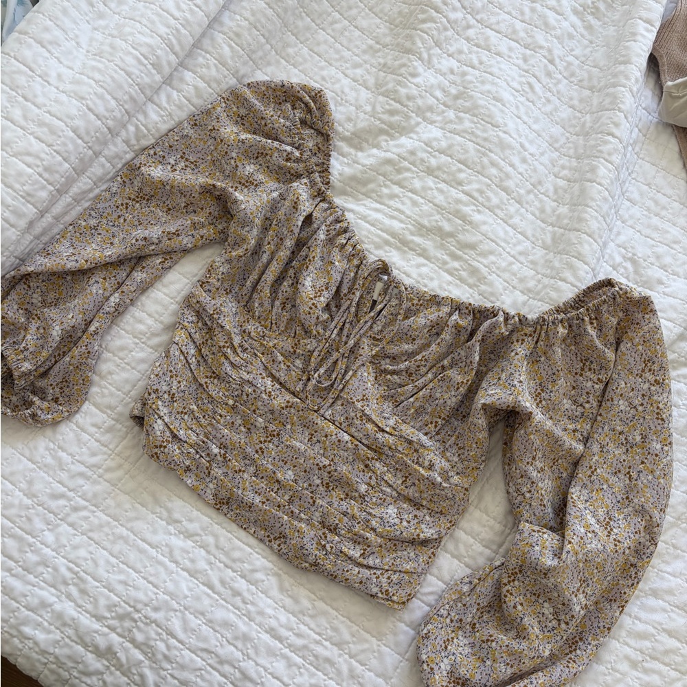 Astr Floral Smocked Off-Shoulder Blouse in Beige and Yellow